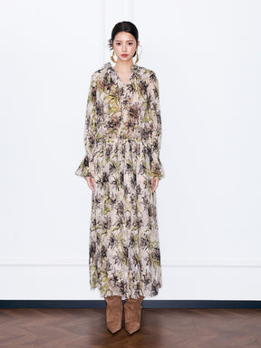 MUKZIN¡°Capsule Collection¡±Vintage Floral Print Chiffon Maxi Dress, Long Sleeve Ruffle Hem Boho Long Dress for Women