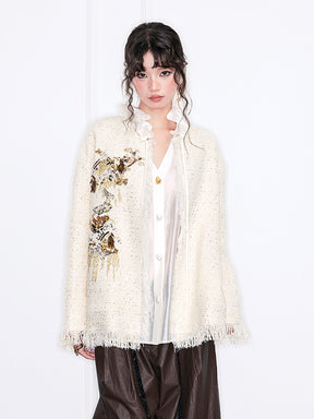MUKZIN“Realm of Ethereal Mist”Off - White Tweed Cardigan with Sequin Embroidery and Fringes