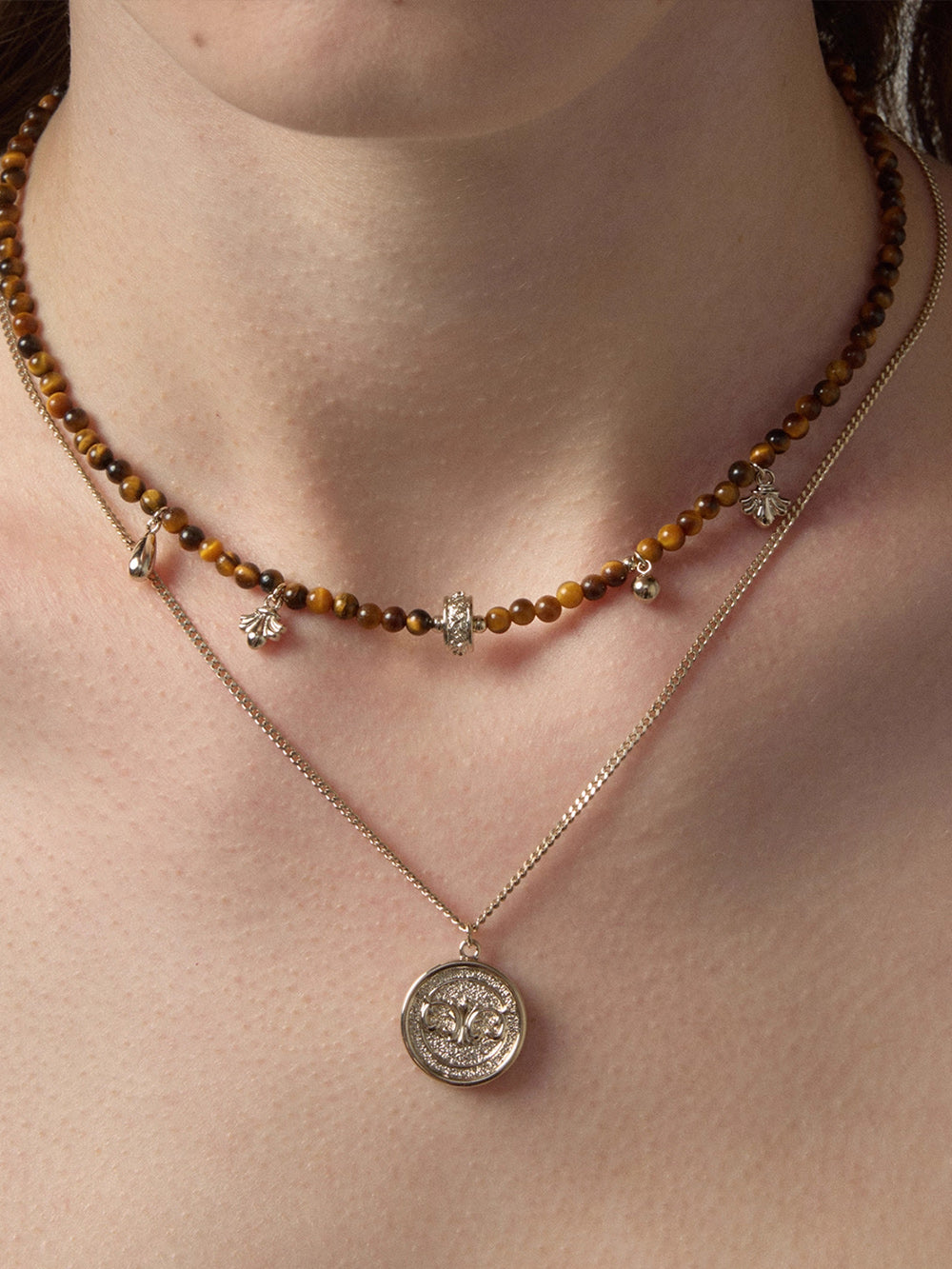 MUKTANK×SUN HUNTER Coin Tiger Eye Double Layer Necklace