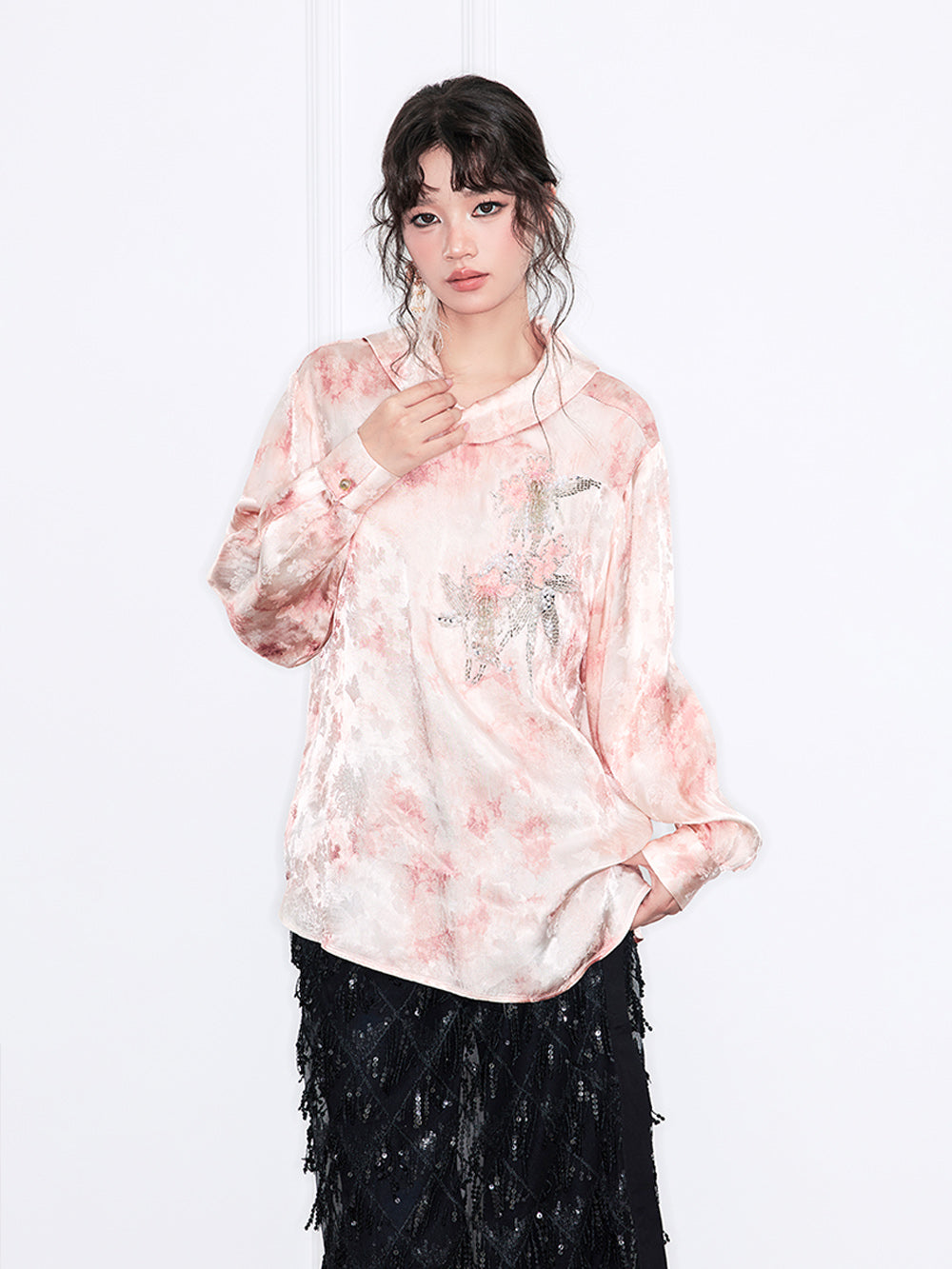 MUKZIN“Realm of Ethereal Mist”European-American Style Silky Draping Pink Gradient Long-Sleeve Shirt with Rhinestones & Slouchy Collar