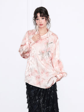 MUKZIN“Realm of Ethereal Mist”European-American Style Silky Draping Pink Gradient Long-Sleeve Shirt with Rhinestones & Slouchy Collar