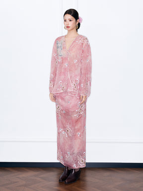 MUKZIN¡°Night Ballad of Chang'an¡±Pink Sheer Embroidered V-Neck Blouse