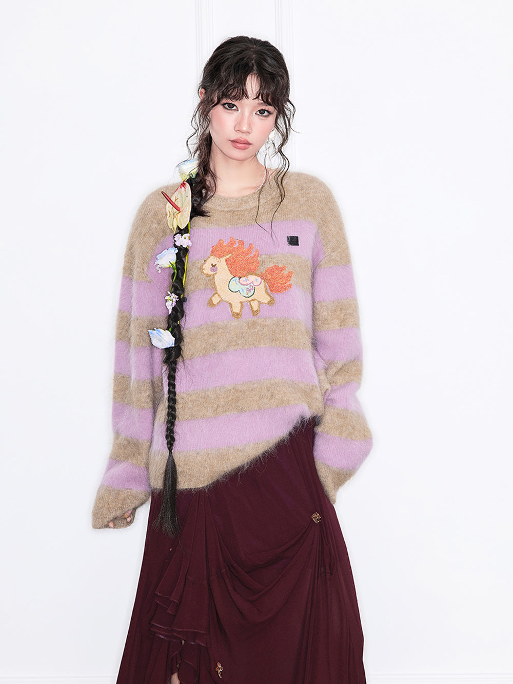 MUKZIN“Realm of Ethereal Mist”Cute Pony Embroidered Crew Neck Striped Knit Sweater