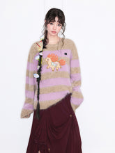 MUKZIN“Realm of Ethereal Mist”Cute Pony Embroidered Crew Neck Striped Knit Sweater