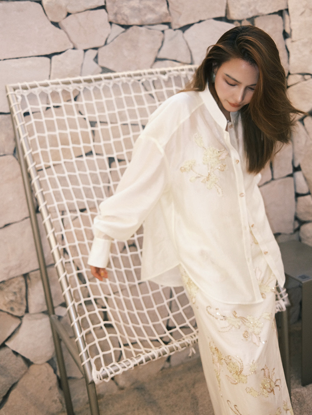 MUKZIN“Capsule Collection”Chinese-style Stand-up Collar Beige Embroidered Loose Silk Shirt