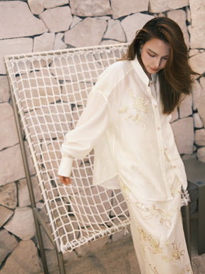 MUKZIN“Capsule Collection”Chinese-style Stand-up Collar Beige Embroidered Loose Silk Shirt