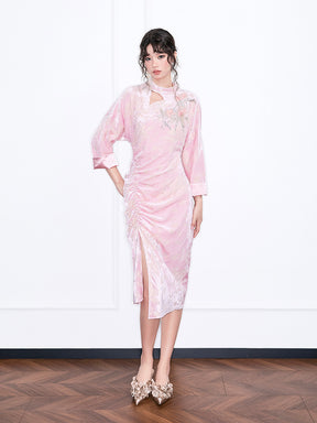 MUKZIN“Realm of Ethereal Mist”National Style Improved Pink Velvet Embroidered Hollowed-out Pleated Slit Dress