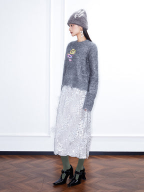 MUKZIN Linglong Long —Snake Embroidery Mohair Blend Sweater (White/Grey)