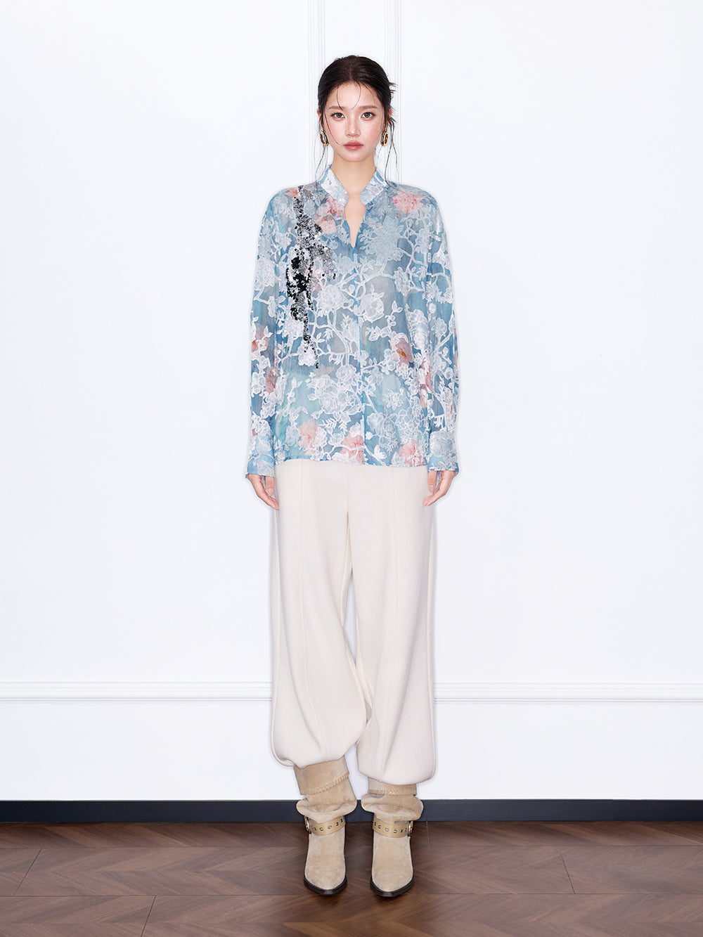 MUKZIN“Capsule Collection”Light Blue Floral Lace Blouse with Sequins - Loose Lantern Sleeves