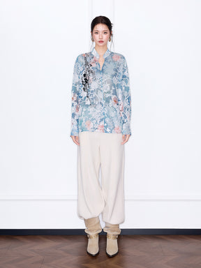 MUKZIN“Capsule Collection”Light Blue Floral Lace Blouse with Sequins - Loose Lantern Sleeves