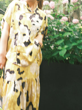 MUKZIN“Capsule Collection”Yellow-based Splatter-effect Long Maxi Skirt