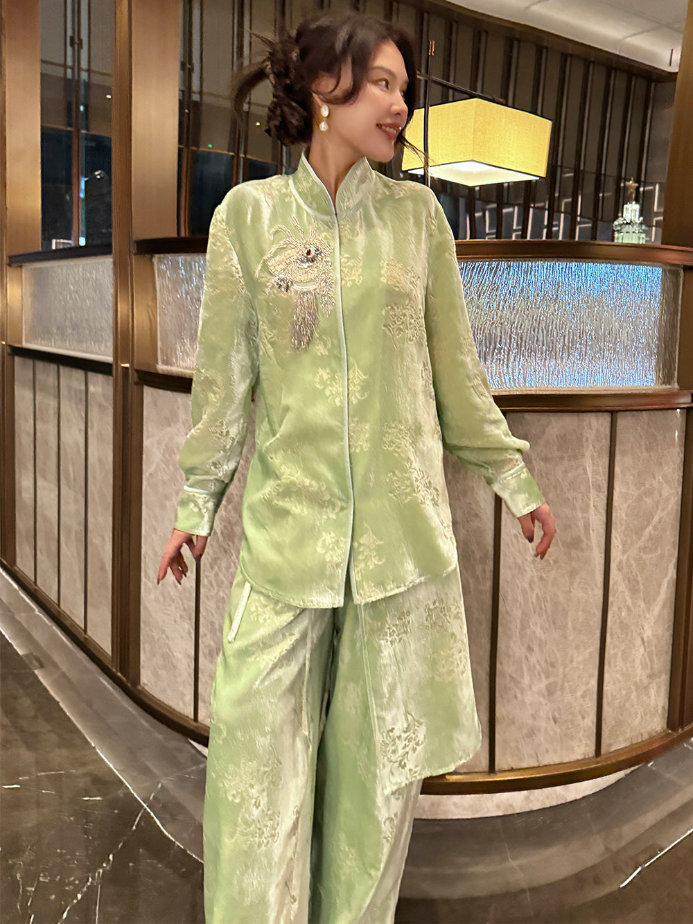 MUKZIN“Capsule Collection”Light Green Velvet Embroidered Mandarin Collar Shirt | Oriental Sequin Embellished High-Low Hem Blouse