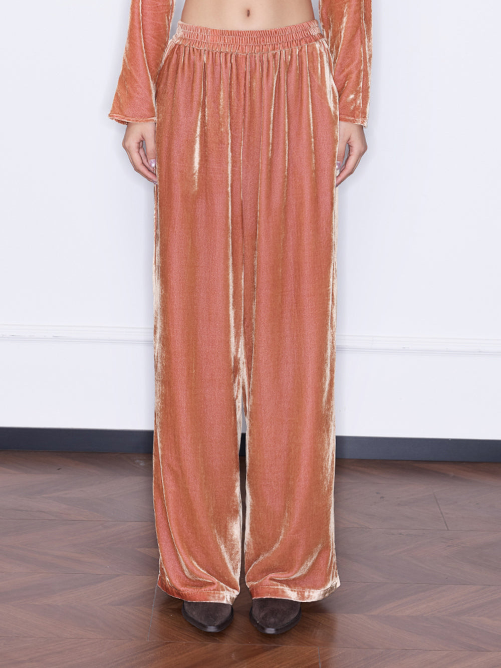 MUKZIN“Capsule Collection”Orange Velvet Wide-Leg Pants | Oriental High-Waist Relaxed Trousers