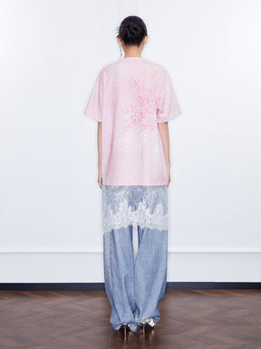 MUKZIN  Spring Prelude"Good Luck with the Snake" Silhouette T-shirt with Pink Snake Prints