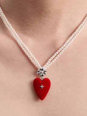 MUKTANK×SUN HUNTER Large-Sized Velvet Heart Faux Pearl Necklace