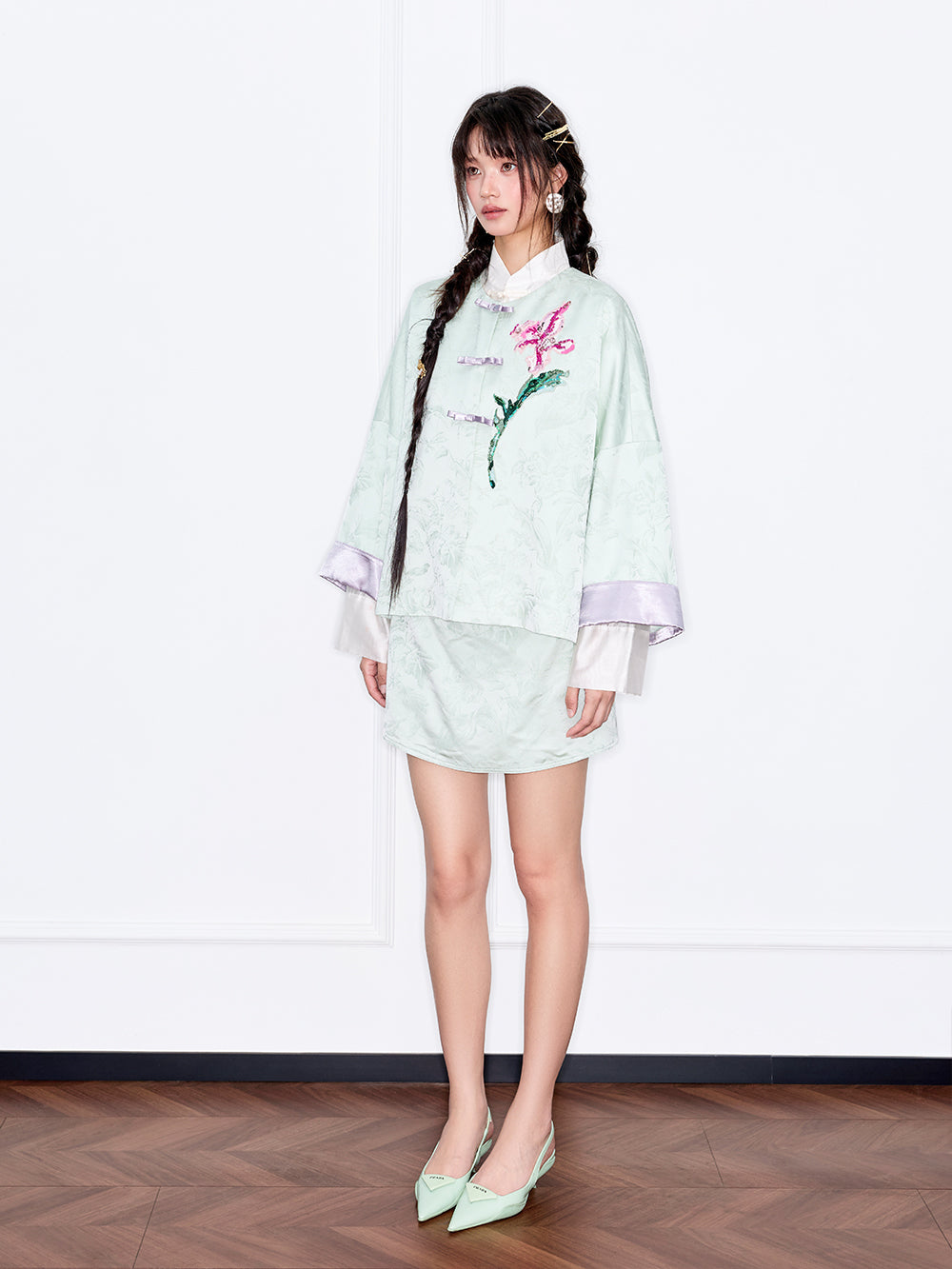 MUKZIN“Capsule Collection”Light Green Jacquard Frog Button Jacket with 3D Floral Sequin Embroidery, Loose Short Style
