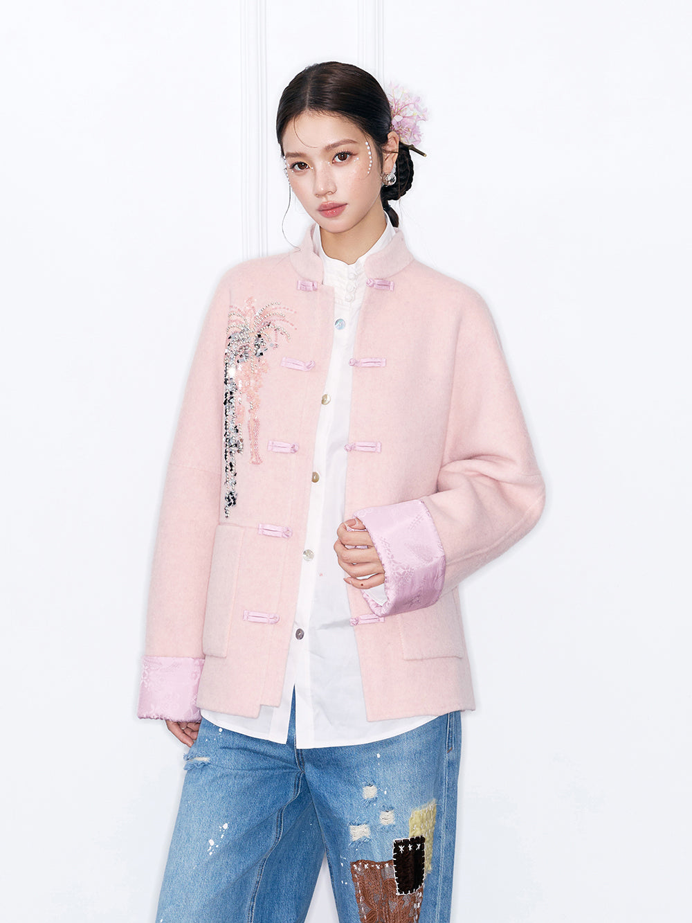 MUKZIN¡°Capsule Collection¡±Chinese Style Tang Suit Jacket, Embroidered Frog Button Wool Blend Coat for Women