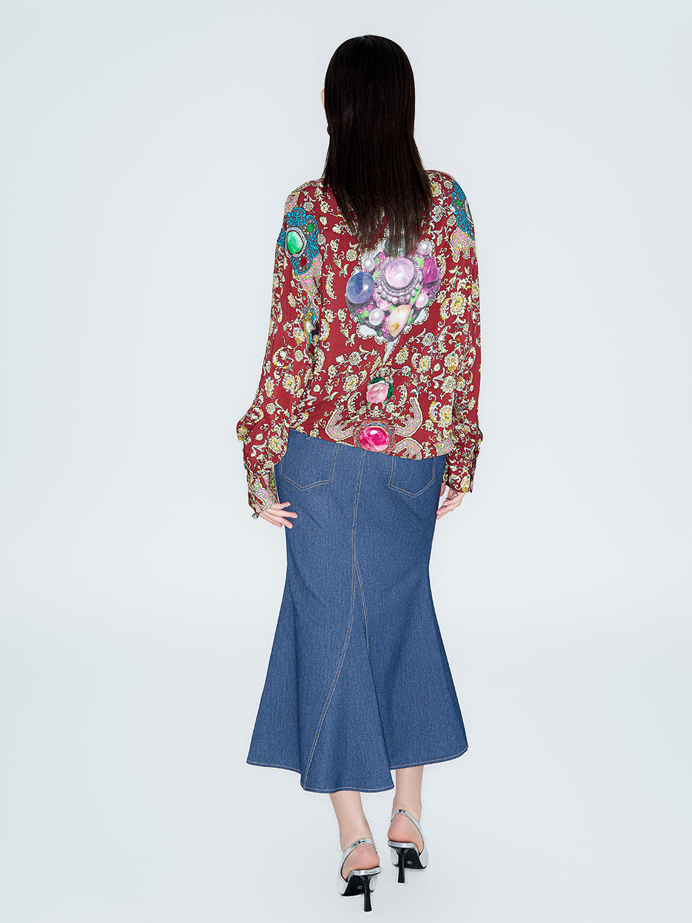 MUKZIN Linglong "Playing Fish" Vintage Fish-tail Denim Skirt