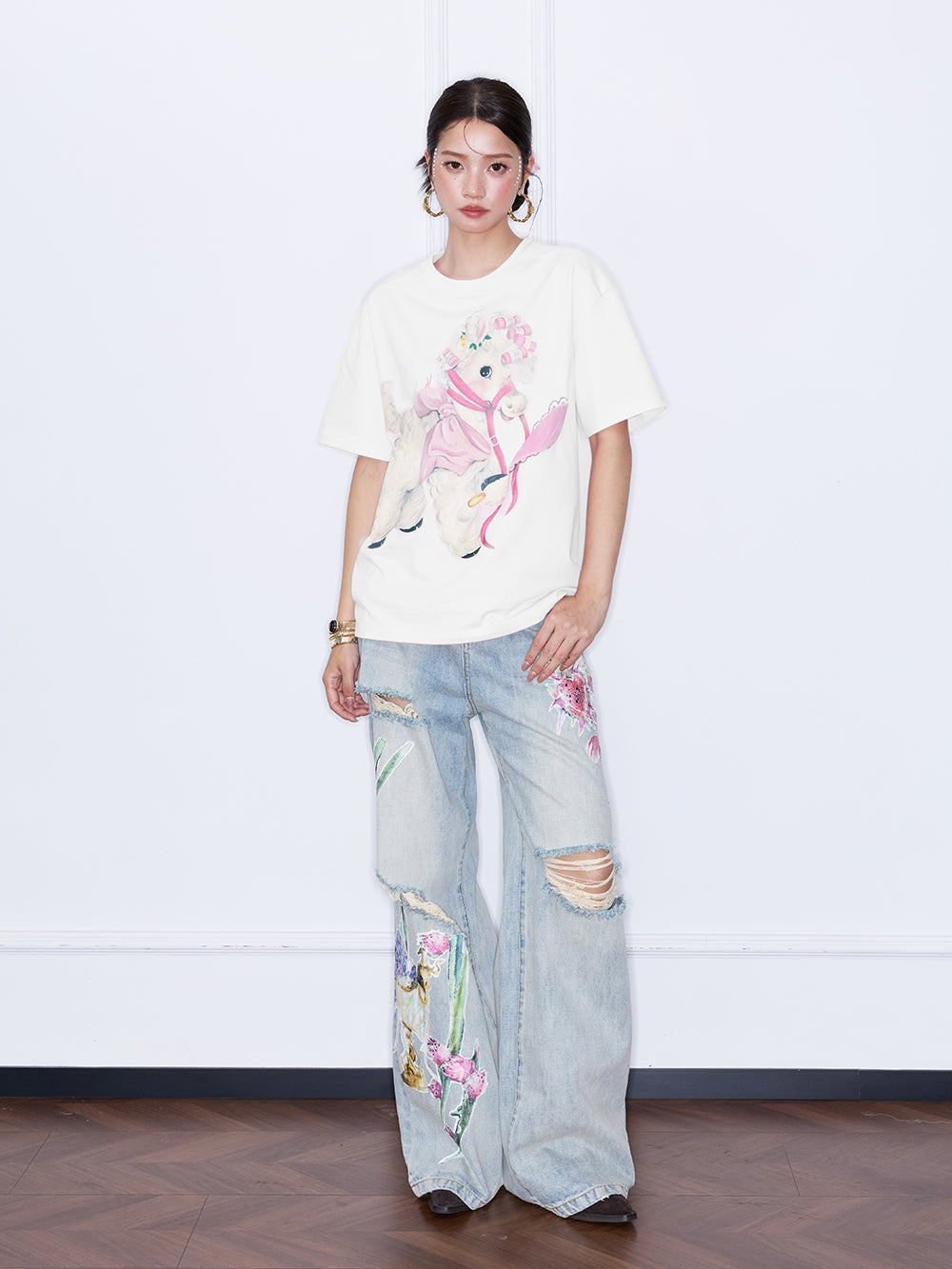 MUKZIN“Night Ballad of Chang'an”Distressed Vintage Wide-Leg Jeans | Dragon Fruit & Botanical Print Appliques Denim Pants