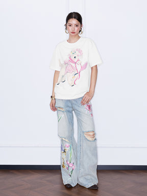 MUKZIN“Night Ballad of Chang'an”Distressed Vintage Wide-Leg Jeans | Dragon Fruit & Botanical Print Appliques Denim Pants