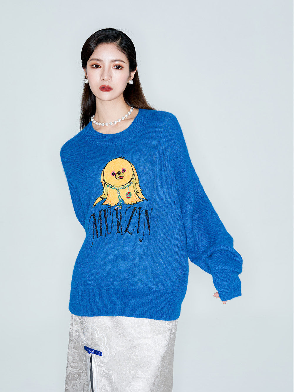 MUKZIN Linglong "Time Machine" Silhouette Crew Neck Cartoon Knit Blue Sweater