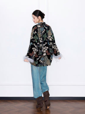 MUKZIN“Capsule Collection”"New Chinese Style Heavy Embroidery Velvet Padded Jacket with Feather Cuffs