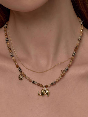 MUKTANK×SUN HUNTER Double-layered Necklace with Little Elephant Design and Speckled Stone