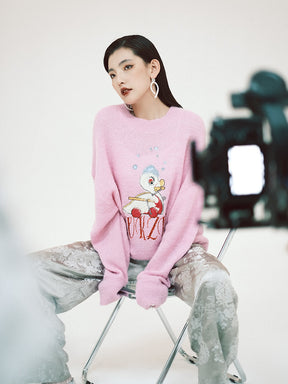 MUKZIN Linglong "Time Machine" Silhouette Crew Neck Cartoon Knit Blue Sweater