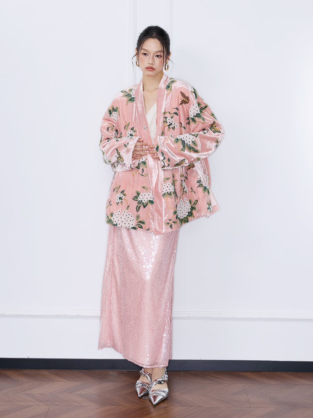 MUKZIN“Capsule Collection”Light Pink Sequin High Waist Slimming Maxi Skirt