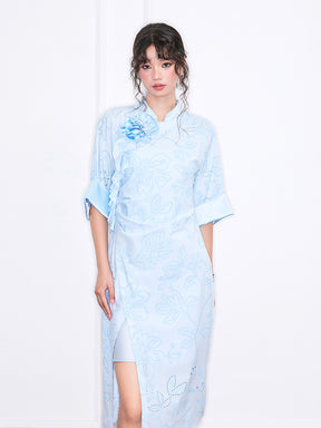MUKZIN“Realm of Ethereal Mist”National Style Blue Jacquard Pleated Slit Half-sleeve Qipao Dress