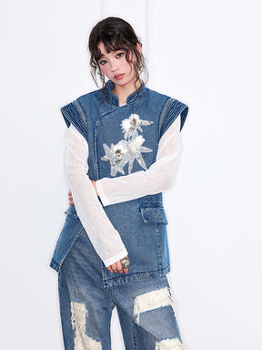 MUKZIN“Realm of Ethereal Mist”Chinese - style Frog Button Denim Vest with Sequin Floral Decoration