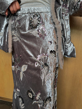 MUKZIN“Capsule Collection”Silver Grey Vintage Velvet Embroidered Mermaid Skirt