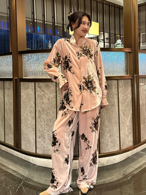 MUKZIN“Capsule Collection”Pink Floral Print Velvet Button-Down Shirt | Oriental Mandarin Collar Long Sleeve Blouse