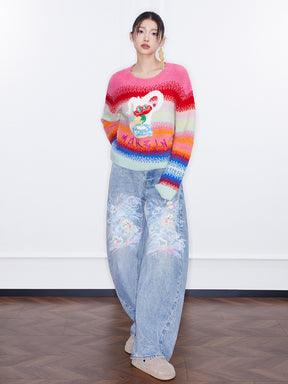 MUKZIN Spring Prelude"Flower Snake Brings Blessings" Short Rainbow Color-blocking Sweater