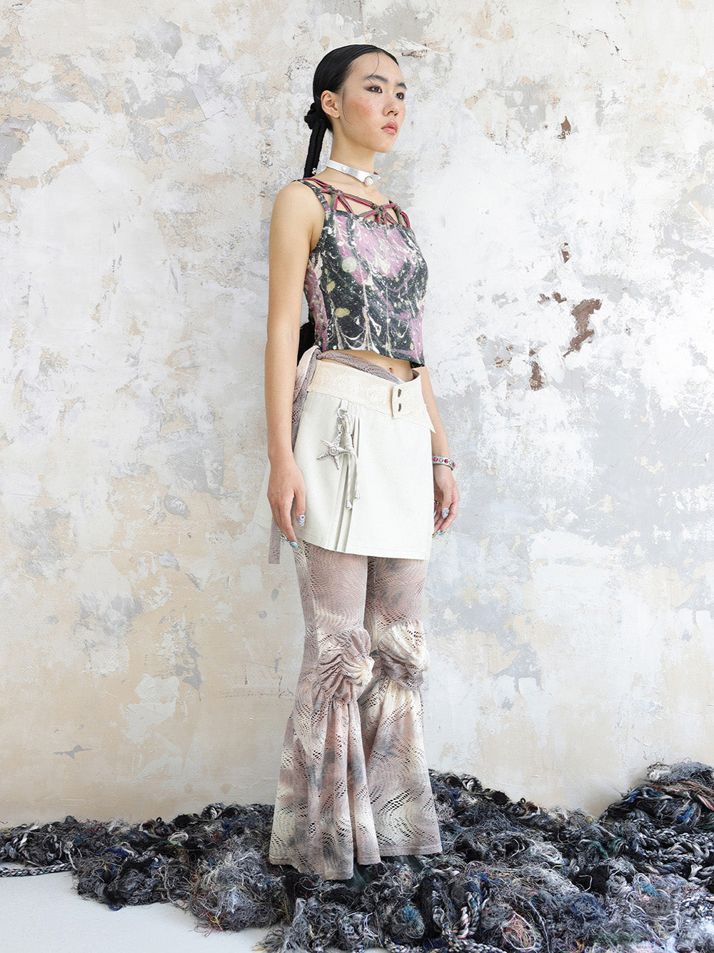 MUKTANK × COOLOTHES Tie-dyed Hollow Stretch-knit Flared Trousers.