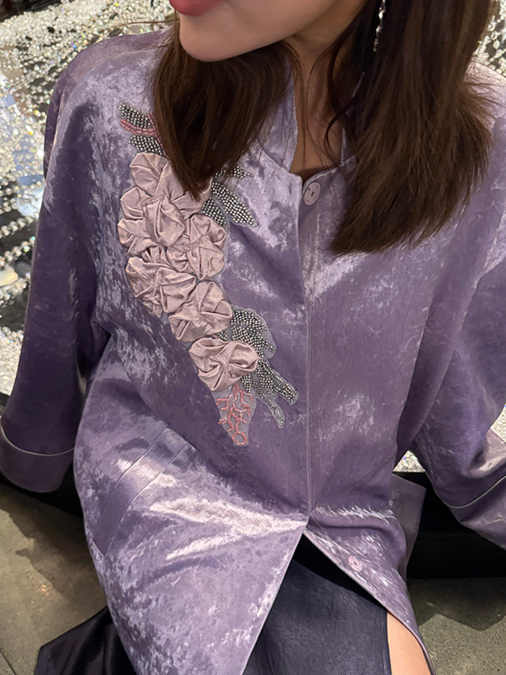 MUKZIN¡°Capsule Collection¡±Lavender Purple Velvet Oversized Shirt | 3D Floral Embroidery Beaded Mandarin Collar Blouse