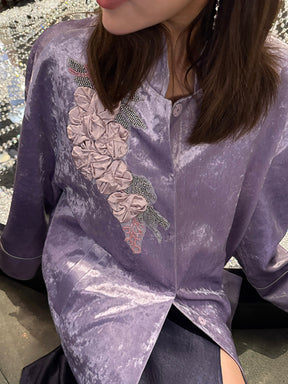 MUKZIN¡°Capsule Collection¡±Lavender Purple Velvet Oversized Shirt | 3D Floral Embroidery Beaded Mandarin Collar Blouse