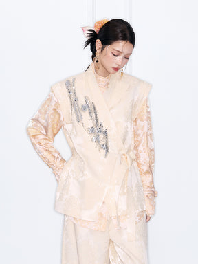 MUKZIN“Night Ballad of Chang'an”Beige Jacquard Sleeveless Vest with Sequin Embroidery | Oriental Wrap Belted Waistcoat