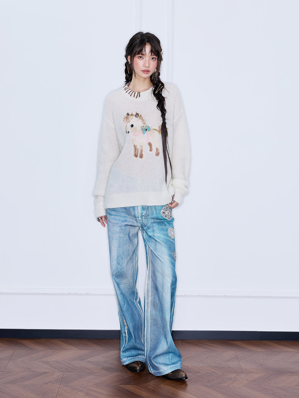 MUKZIN“The Sequence of Deer's Call”Cream White Contrast Trim Pony Decor Oversized Fuzzy Knit Sweater