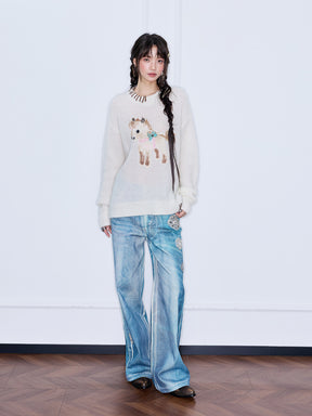 MUKZIN“The Sequence of Deer's Call”Cream White Contrast Trim Pony Decor Oversized Fuzzy Knit Sweater