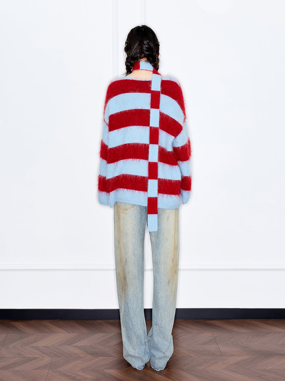 MUKZIN“The Sequence of Deer's Call”Red & Blue Striped Turtleneck Scarf Neck Pony Decor Sweet Cool Oversized Knit Sweater