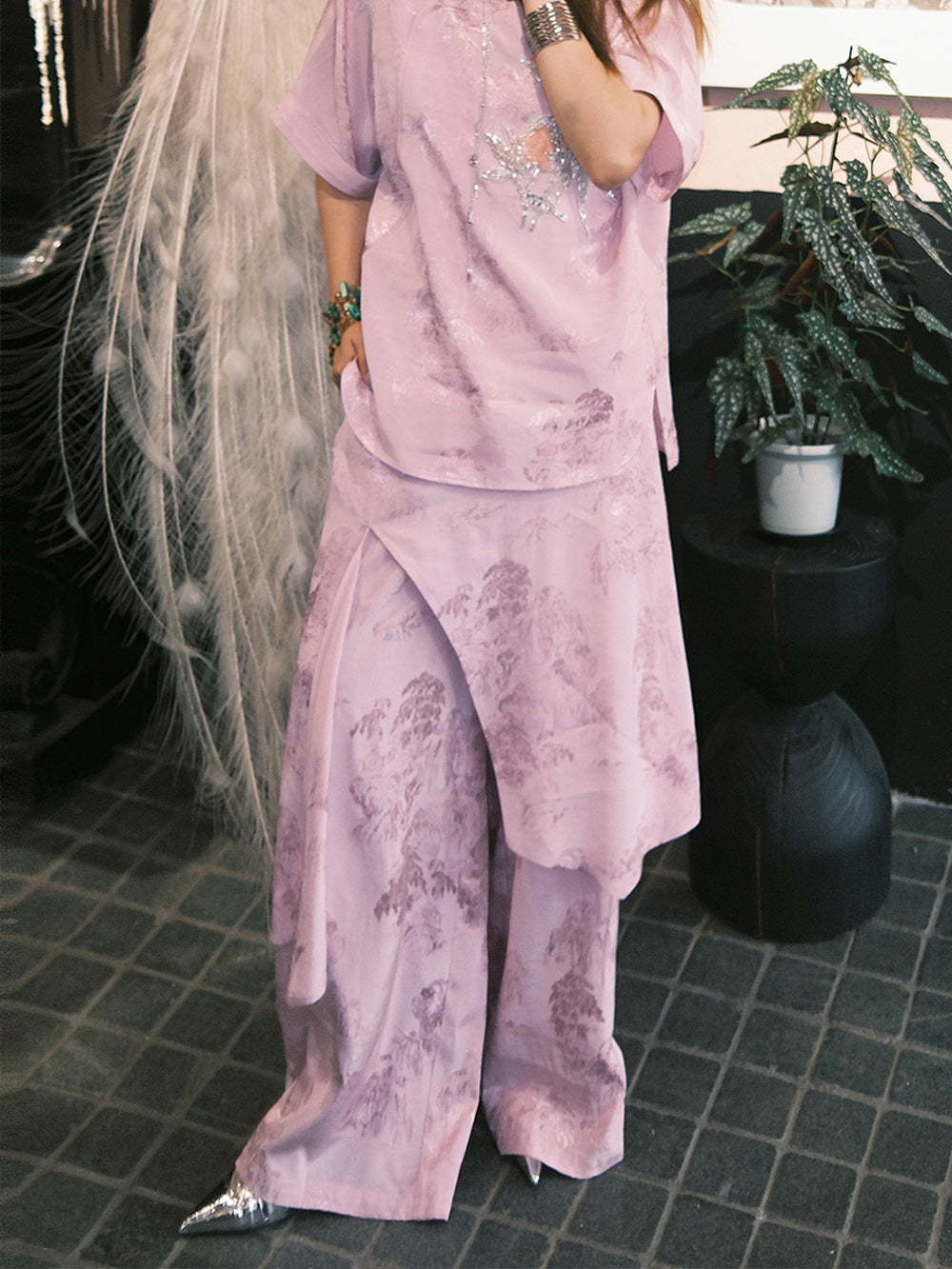 MUKZIN“Capsule Collection”Pink Jacquard Loose - fitting Long Pants