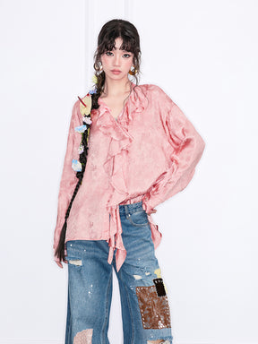 MUKZIN“Realm of Ethereal Mist”Pink Jacquard Ruffled Tie-Neck Blouse