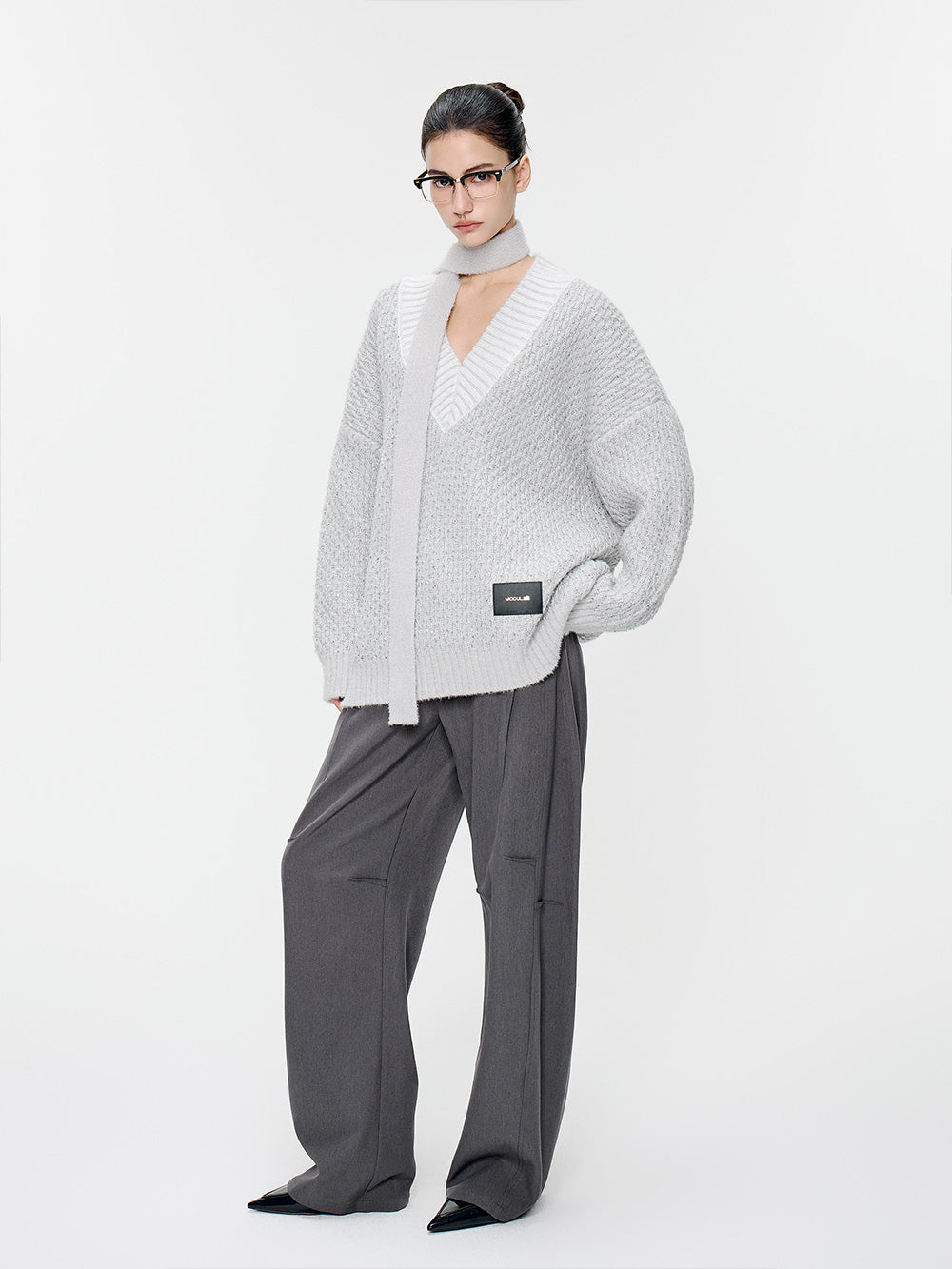 MUKTANK×MODULER (Thick) Shiny Color-Block V-Neck Loose Sweater