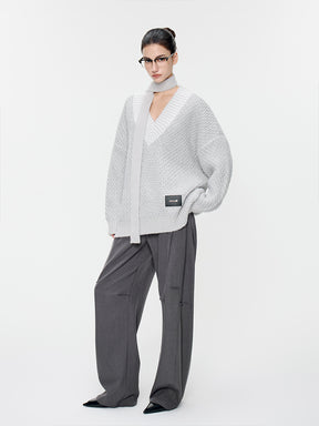 MUKTANK×MODULER (Thick) Shiny Color-Block V-Neck Loose Sweater