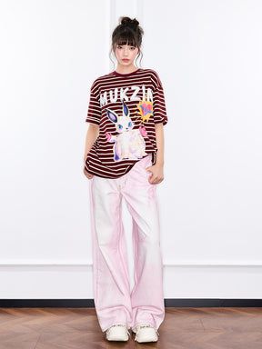 MUKZIN "Ode to the New Summer" Burgundy Striped Cute Rabbit T - shirt