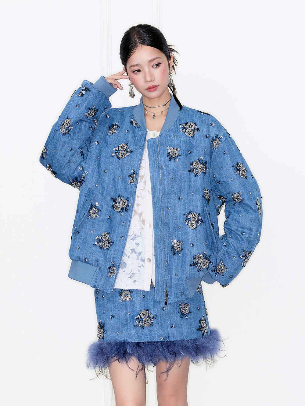 MUKZIN“Capsule Collection”Denim Baseball Jacket with Full Diamond Rose Embellishments