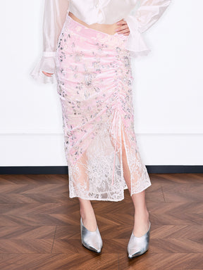 MUKZIN“Realm of Ethereal Mist”Sequin Beaded Lace Panel Pink Midi Skirt