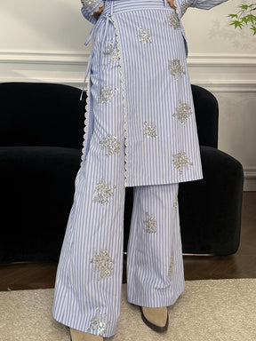 MUKZIN“Capsule Collection”Blue Striped Floral Embroidered Wide-Leg Pants | Oriental Sequin Embellished High-Waist Trousers
