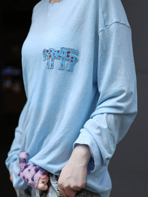 MUKZIN“Realm of Ethereal Mist”Light Blue Elephant Embroidered Loose Long - Sleeve T - shirt